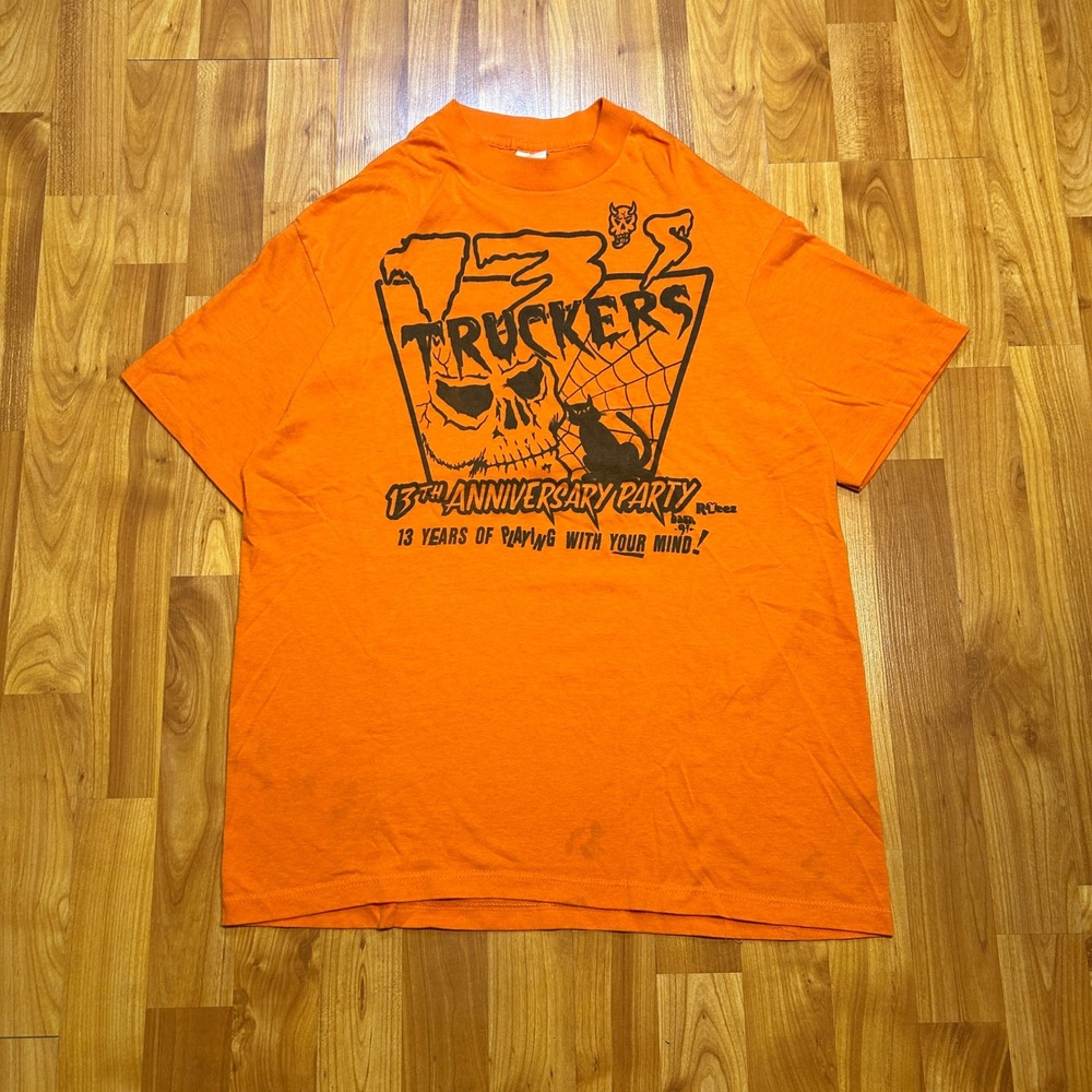 Vintage 1991 Single Stitch Halloween Skull Truckers Biker Graphic Tee Orange XL